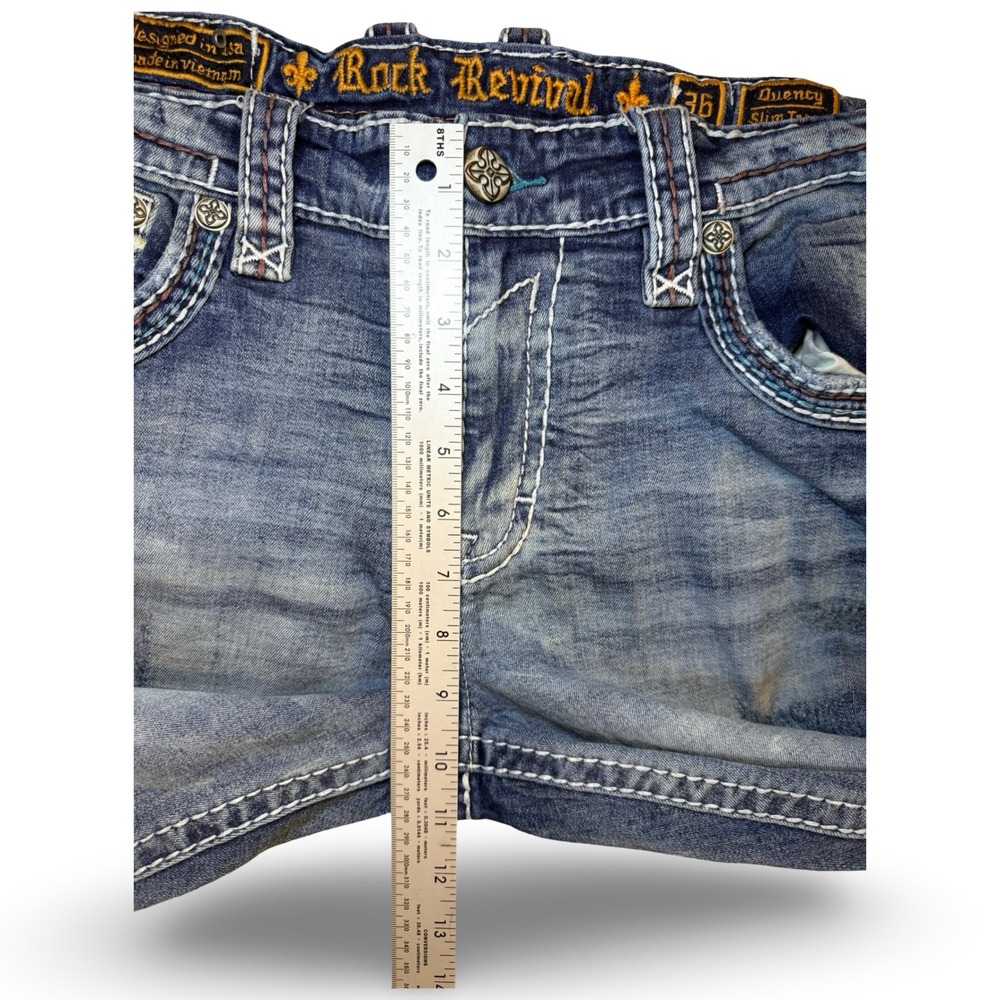 Rock Revival Quency Slim Taper Jeans Mens 36 Distressed Stretch Embroidered - Picture 6 of 12